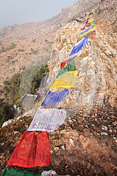 Tibetan prayful flags, over the Mahakala`s cave