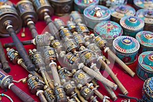 Tibetan praying objects for sale at a souvenir shop in Ladakh, I