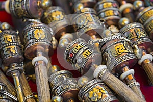 Tibetan praying objects for sale at a souvenir shop in Ladakh, I