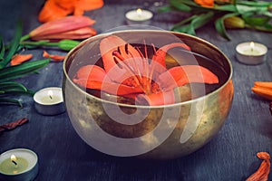 Tibetan singing bowl with floating lily inside. Burning candles, lily flowers and petals on the black wooden background. Meditatio