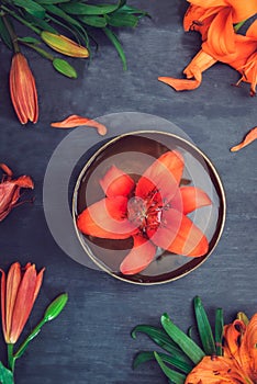 Tibetan singing bowl with floating lily inside. Burning candles, lily flowers and petals on the black wooden background. Meditatio