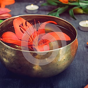 Tibetan singing bowl with floating lily inside. Burning candles, lily flowers and petals on the black wooden background. Meditatio