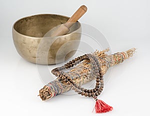 Tibetan Singing Bowl, Prayer Beads, Smudge Stick