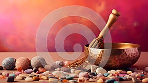 Tibetan singing bowl with tumbled healing stones on gradient colorful background - Banner design with copy space