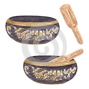 Tibetan singing bowl. Watercolor hand painted set with elements for meditation and relaxation