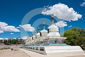 Tibetan Stupa at The Dalai Lama`s Palace JIVETSAL / His Holiness Photang in Choglamsar, Ladakh, Jammu and Kashmir, India.