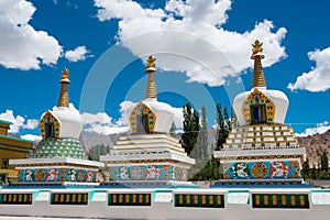 Tibetan Stupa at The Dalai Lama`s Palace JIVETSAL / His Holiness Photang in Choglamsar, Ladakh, Jammu and Kashmir, India.