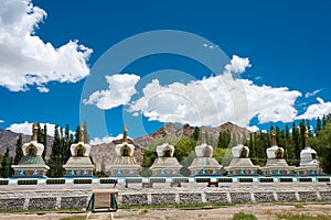 Tibetan Stupa at The Dalai Lama`s Palace JIVETSAL / His Holiness Photang in Choglamsar, Ladakh, Jammu and Kashmir, India.