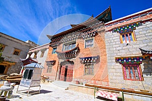 Tibetan Temple, brick wall structure in Shangri-la town, China,