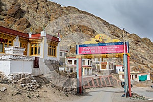 Tibetan traditional building, and welcome message the entrance of Hemis monastery in Leh, Ladakh,  Jammu and Kashmir