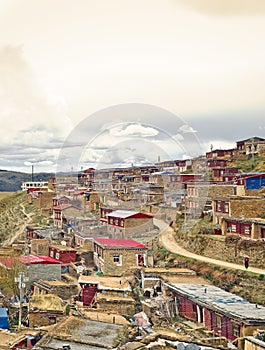 Tibetan village in the mountain landscape of China