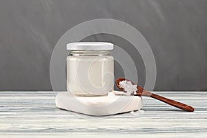 Tibicos or Water kefir in glass jar. Fermented drink made with water and symbiotic culture of bacteria and yeasts. Healthy