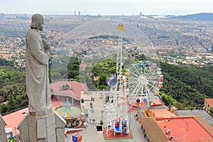 Tibidabo Amusement Park and the City of Barcelona seen from Sagrat Cor Church, Barcelona, Catalonia, Spain