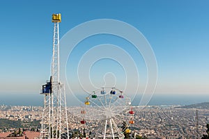 The Tibidabo amusement park on Mount Tibidabo on background of blue sky, Barcelona, â€‹â€‹Spain