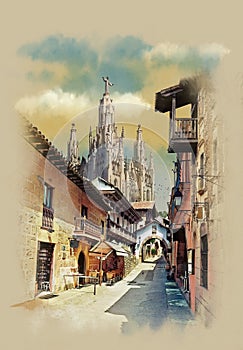 Tibidabo Church on mountain statue of Christ, old streets in Barcelona, Spain. photo