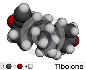 Tibolone molecule. It is anabolic steroid hormone drug, synthetic estrogen, used for treatment of symptoms of menopause,