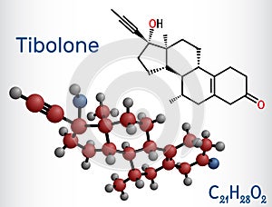 Tibolone molecule. It is anabolic steroid hormone drug, synthetic estrogen, used for treatment of symptoms of menopause,