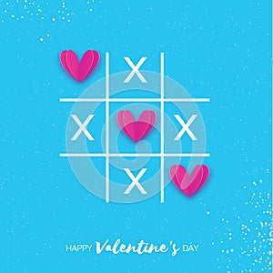 Tic tac toe game with criss cross and pink paper cut Hearts sign mark XOXO.