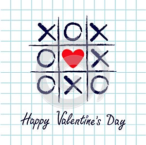 Tic tac toe game with criss cross and red heart sign mark XOXO. Hand drawn blue pen brush. Doodle line. Happy Valentines day card