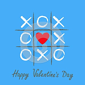 Tic tac toe game with criss cross and red heart sign mark XOXO. Hand drawn brush. Doodle line. Happy Valentines day card Flat desi