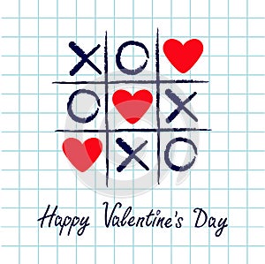 Tic tac toe game with criss cross and three red heart sign mark XOXO. Hand drawn blue pen brush. Doodle line. Happy Valentines day