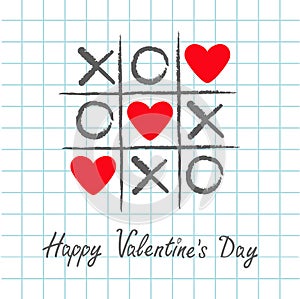 Tic tac toe game with criss cross and three red heart sign mark XOXO. Hand drawn pen brush. Doodle line. Happy Valentines day card