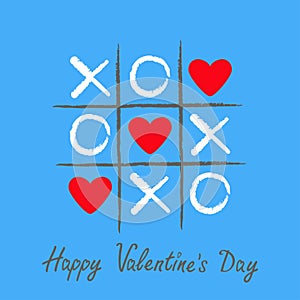 Tic tac toe game with criss cross and three red heart sign mark XOXO. Hand drawn pen brush. Doodle line. Happy Valentines day card