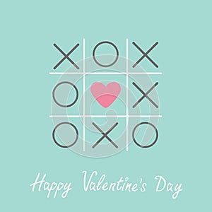 Tic tac toe game with cross and heart sign mark Happy Valentines day card Blue Flat design