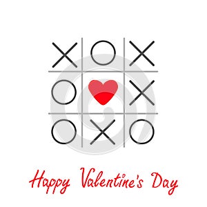 Tic tac toe game with cross and heart sign mark Happy Valentines day card Red Flat design