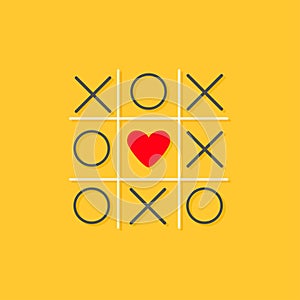 Tic tac toe game with cross and red heart sign mark in the center Love card Flat design Yellow background