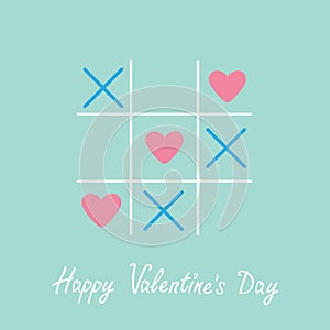 Tic tac toe game with cross and three heart sign mark Happy Valentines day card Blue Flat design