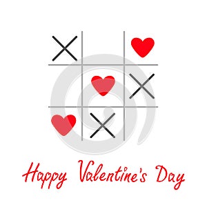 Tic tac toe game with cross and three heart sign mark Happy Valentines day card Red Flat design