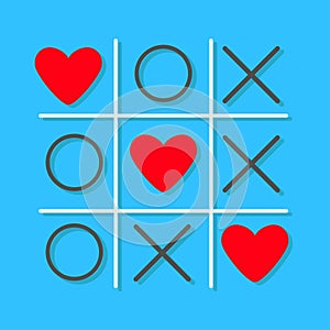 Tic tac toe game Cross and three red heart sign mark Love card Flat design