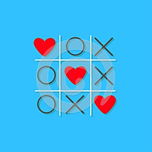 Tic tac toe game with cross and three red heart sign mark Love card Flat design Blue background