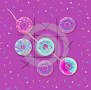 Tic tac toe with sweet donuts. Vector ilustration. Sweet background