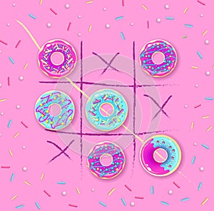 Tic tac toe with sweet donuts. Vector ilustration. Sweet background