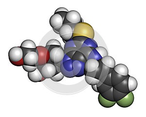 Ticagrelor platelet inhibitor drug. Used to prevent thrombosis. Atoms are represented as spheres with conventional color coding:
