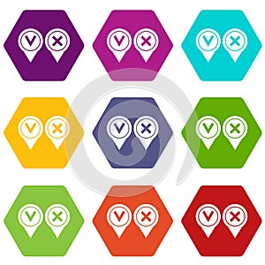 Tick affirmative and negative icon set color hexahedron