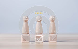 Tick block people showing the five star smiley icon. customer review concept satisfaction survey and opinions The best response