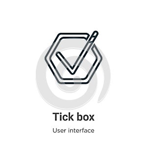 Tick box outline vector icon. Thin line black tick box icon, flat vector simple element illustration from editable user interface