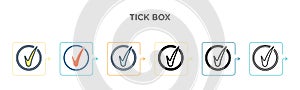 Tick box vector icon in 6 different modern styles. Black, two colored tick box icons designed in filled, outline, line and stroke