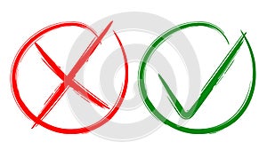 Tick and cross brush signs. Green checkmark OK and red X icons, isolated on white background