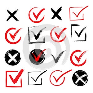 Tick and cross brush signs. Green checkmark OK and red X icons, isolated on white background. Simple marks graphic