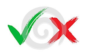 Tick and cross brush signs. Green checkmark OK and red X icons, isolated on white background. Symbols YES and NO button