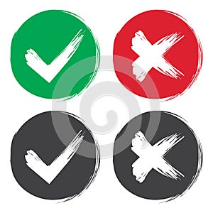 Tick and cross brush signs. Green checkmark OK and red X icons, isolated on white background. Simple marks graphic design. Symbols