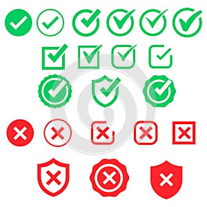 Tick and cross brush signs. Green checkmark OK and red X icons, isolated on white background.