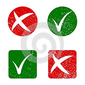Tick and cross grunge rubber stamp solated on white background.  GREEN TICK  AND RED CROSS. Right or wrong. True or false. Four st