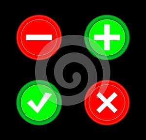 Tick, cross, plus, minus icon set red and green circle 3D button . Add, cancel, or the plus and minus signs on buttons or circles