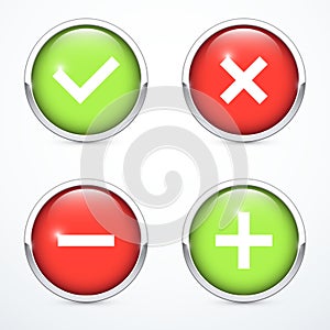 Tick, cross, plus, minus icon set. Vector illustration