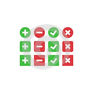 Tick, cross, plus and minus red and green isolated vector icon set.